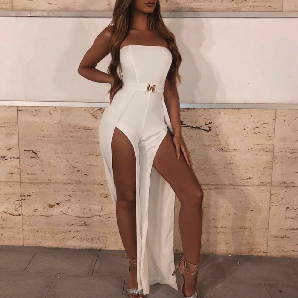 MESHKI Livia Split Leg White Strapless Jumpsuit NWT - Picture 1 of 13